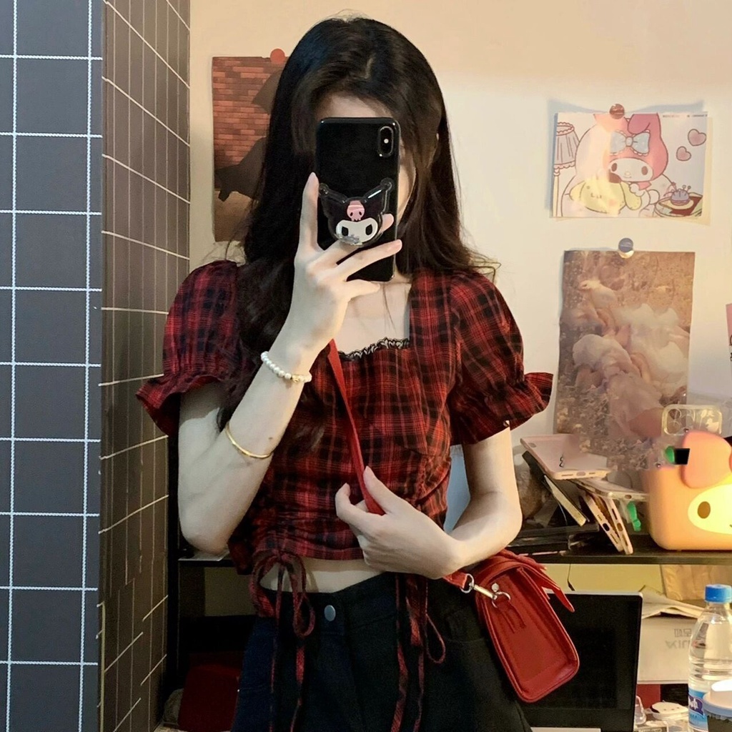 Áo Nữ Tay Ngắn Phồng Họa Tiết Caro Thời Trang