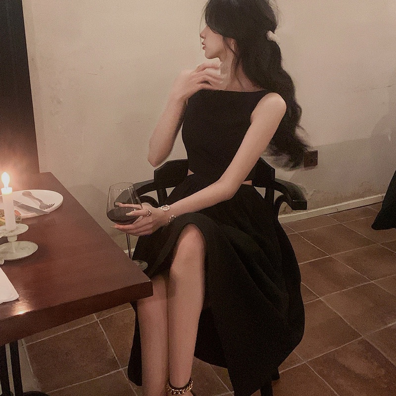 IELGY  Đầm Không Tay Hở Vai Phong Cách hepburn Cao Cấp Dành Cho Nữ