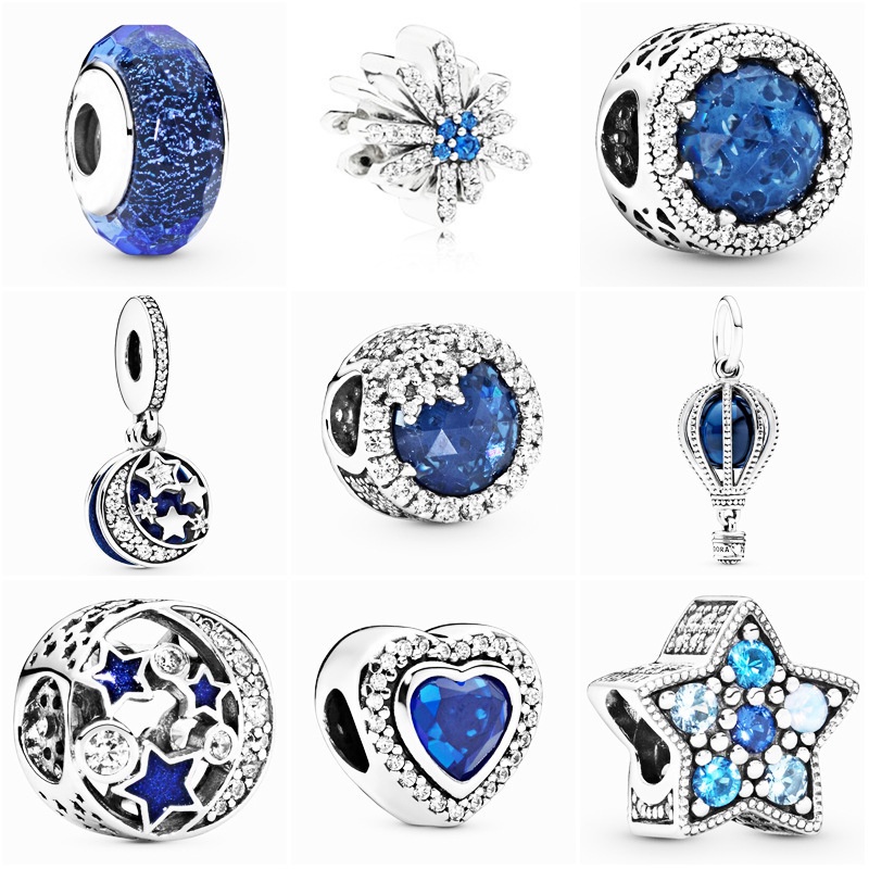 Hạt Xâu Chuỗi Pandora Hình Hoa Tuyết / Trái Tim / Đại Dương Màu Xanh Dương Phong Cách Retro