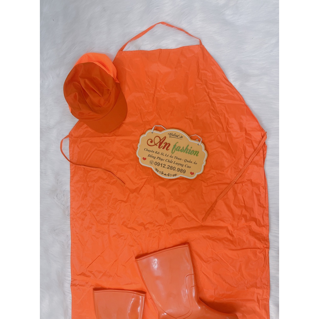 [Tạp dề+Nón+Ủng] Tạp dề nhựa, đồng phục thủy sản chống thấm nước màu cam_ Hình chụp thât