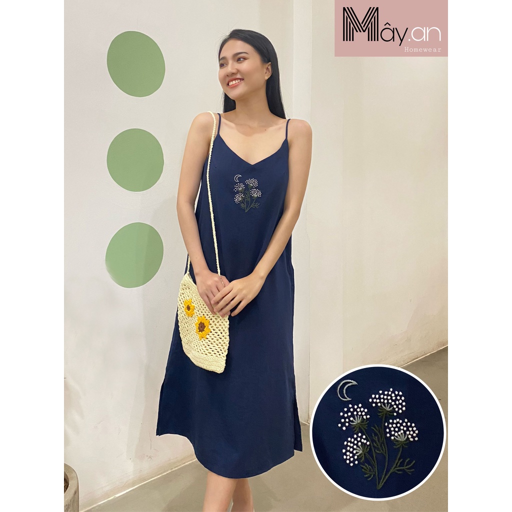 Đồ mặc nhà Mây Đầm 2 dây họa tiết thêu tay linen