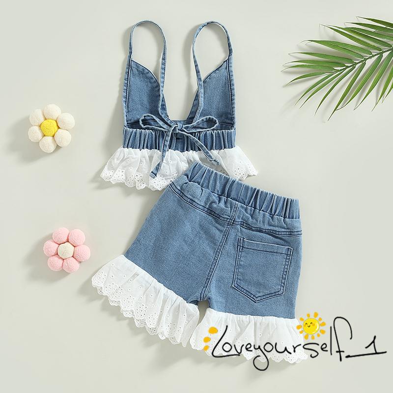 Bộ Áo Hai Dây Phối Ren + Quần Short Denim Co Giãn Thời Trang Mùa Hè Cho Bé B930G