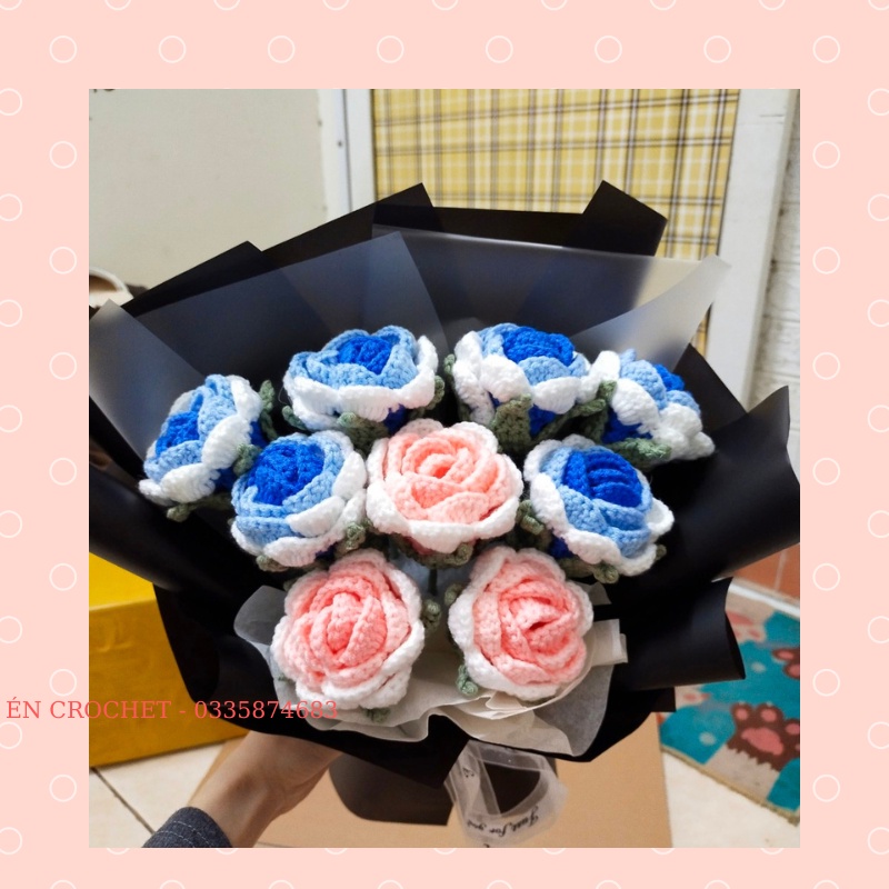 Gói sẵn Bó hoa hồng len handmade màu omber 9 bông xinh xắn làm quà tặng valentime, sinh nhật, 8/3, 20/10 cho người yêu