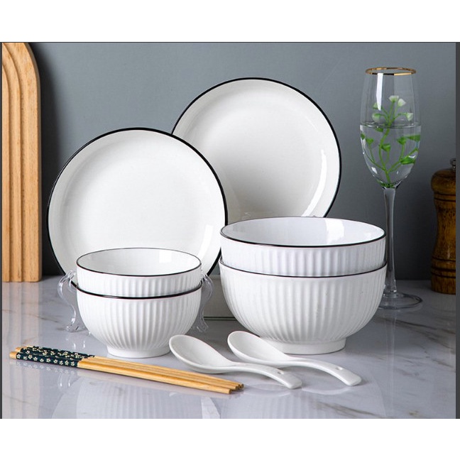 Bán lẻ bát ăn cơm, đĩa, tô màu trắng viền đen phong cách châu Âu cao cấp sang trọng