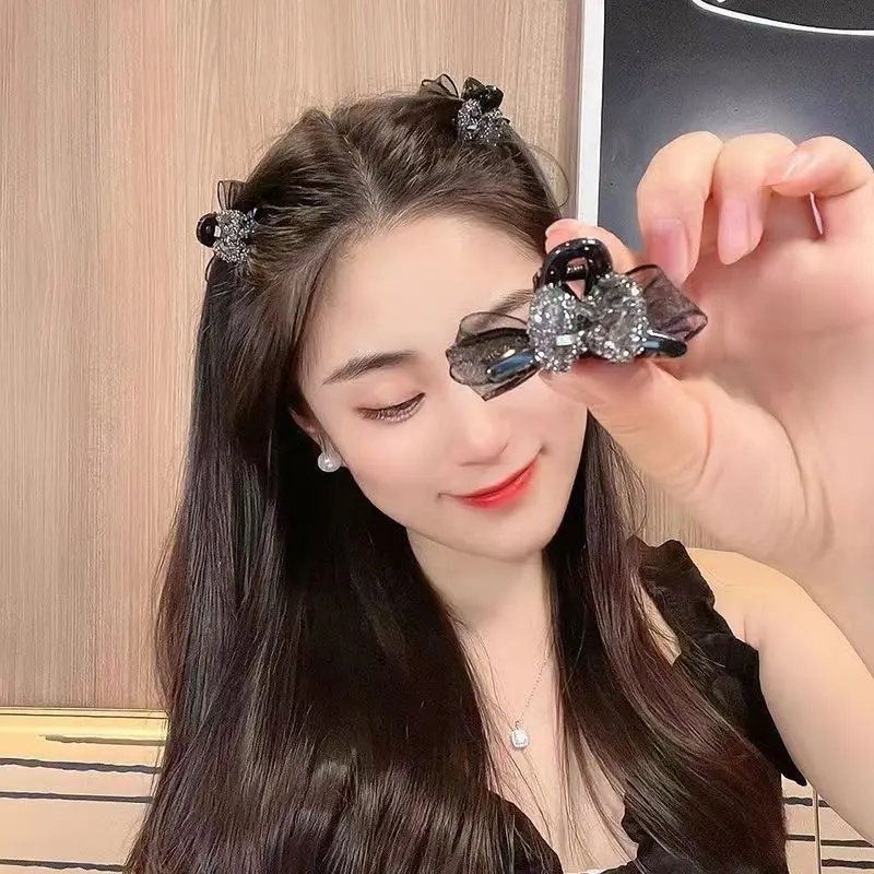 Kẹp Tóc Càng Cua Nhỏ Hình Nơ Đính Đá Phối Lưới Dễ Thương Cho Bạn Gái
