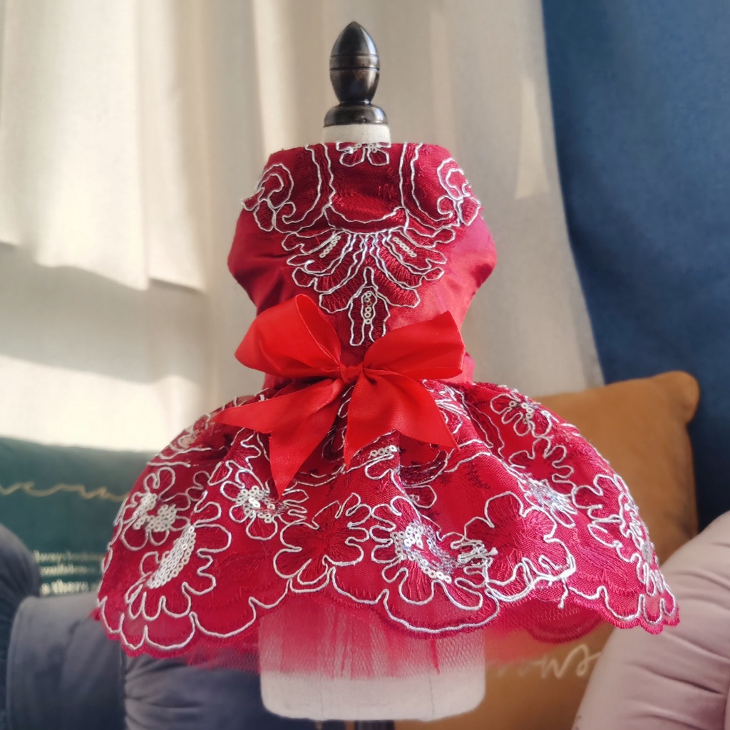 Đầm Xòe Công Chúa Đính Kim Sa Thêu Tay Tinh Tế Cho Cún Cưng / Mèo Mặc Trong Tiệc Cưới / Sinh Nhật