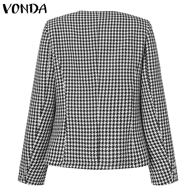 Áo khoác blazer VONDA tay dài phồng cổ tròn in caro phối hàng nút phong cách Hàn Quốc thời trang cho bạn gái