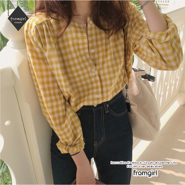 Áo Sơ Mi Nữ Dài Tay Cổ Tròn Sọc Caro Thời Trang Hàn Quốc Mới