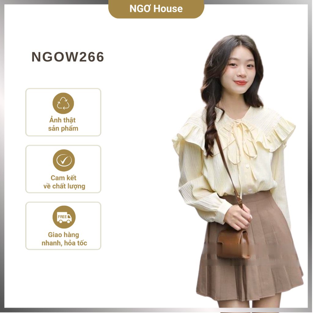 Áo sơ mi kiểu nữ dài tay, sơ mi gân cổ bèo thắt nơ thủy thủ NGƠ House