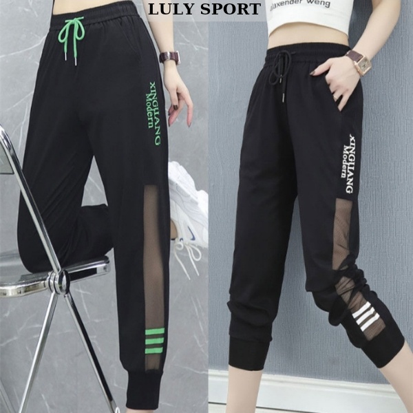 Quần jogger nữ LULY SPORT chất polyester phối lưới phong cách thể thao Hà Quốc phù hợp cho người gầy và mập