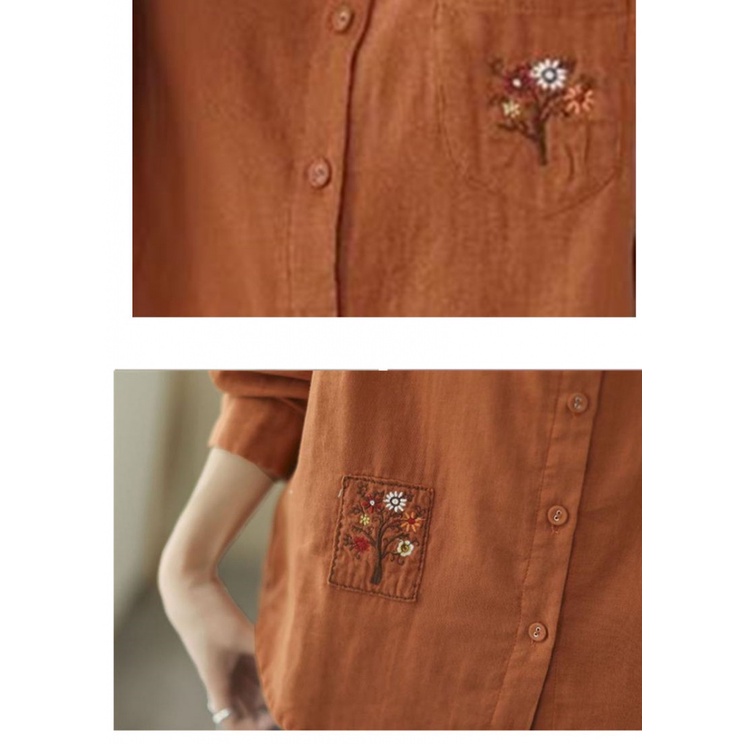 ICE Cotton and Linen Shirt Embroidered Pocket Long Sleeve Lapel Foreign Trade Original Order Leftover Stock Retro Literary Lady Spring Slim-Fit Cardigan