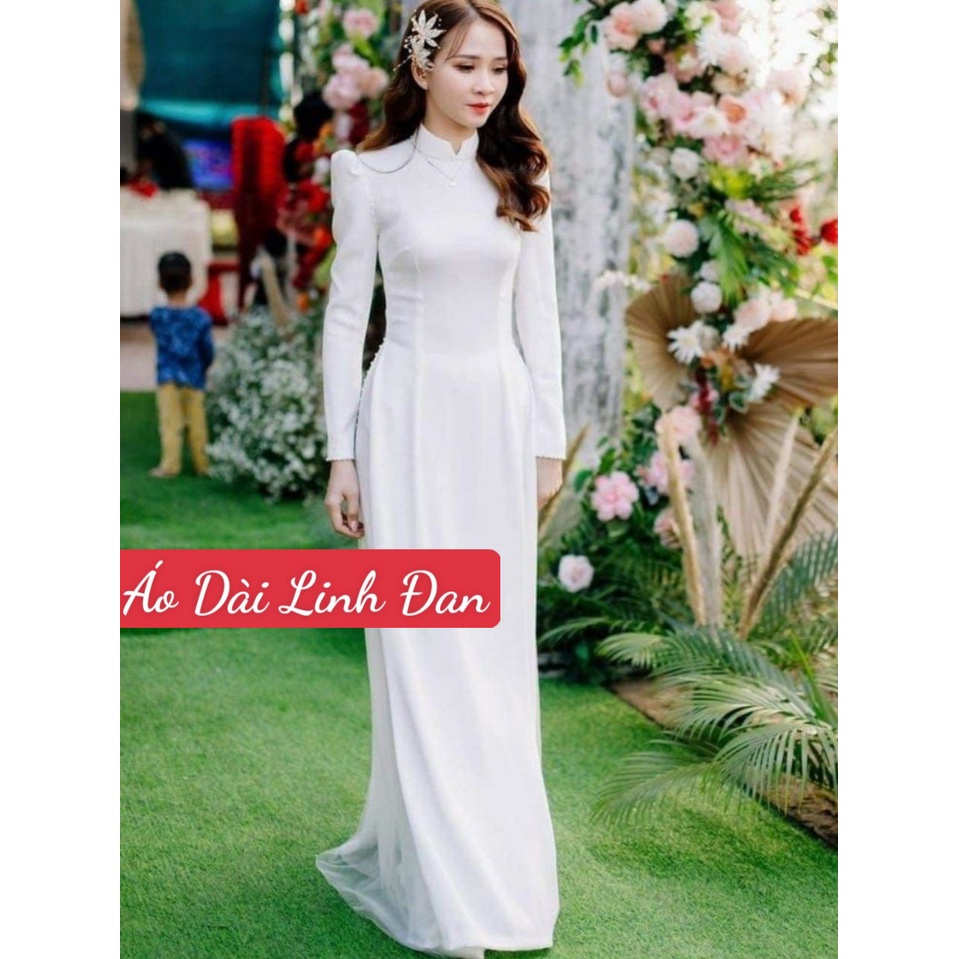 Áo dài cô dâu, áo dài dự tiệc, trắng tinh tay phồng đính ngọc cao cấp - Áo Dài Linh Đan