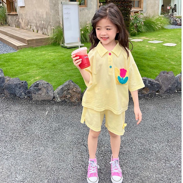 Set Áo Thun Tay Ngắn + Quần Short Họa Tiết Hoa Tulip Phong Cách Hàn Quốc Thời Trang Mùa Hè Mới 2023 Cho Bé Gái