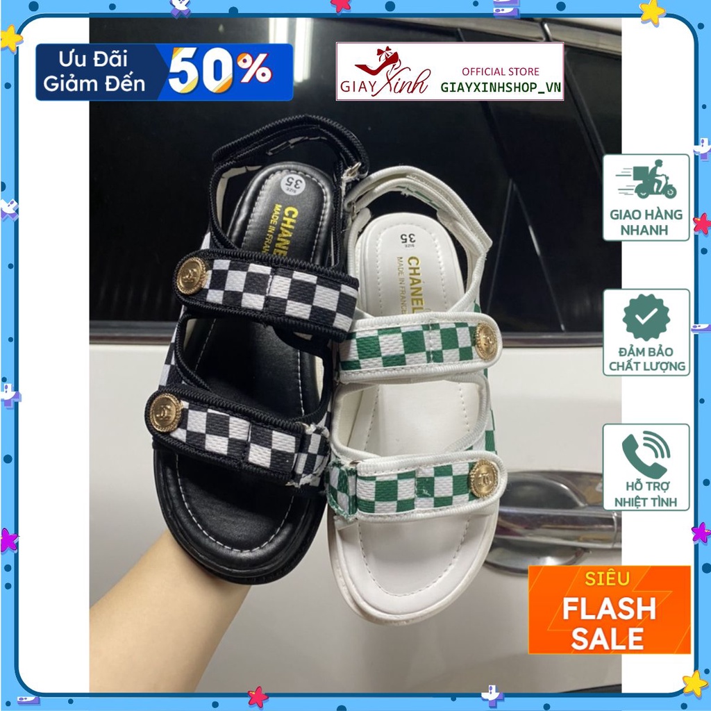 Dép Sandal kẻ caro, dép quai ngang GG đế cao 3cm siêu nhẹ siêu êm