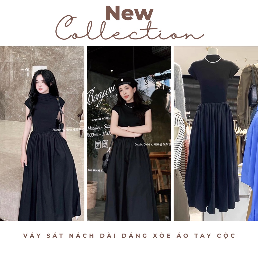 Váy sát nách dài dáng xòe áo tay cộc liền thân độc lạ trendy Ulzzang