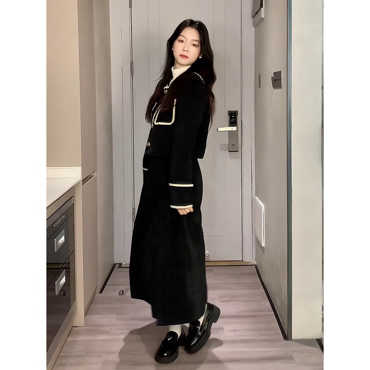 Set đồ nữ - Váy nhung dáng dài Quảng Châu thiết kế dài tay phối viền ren tiểu thư KimAnh Fashion