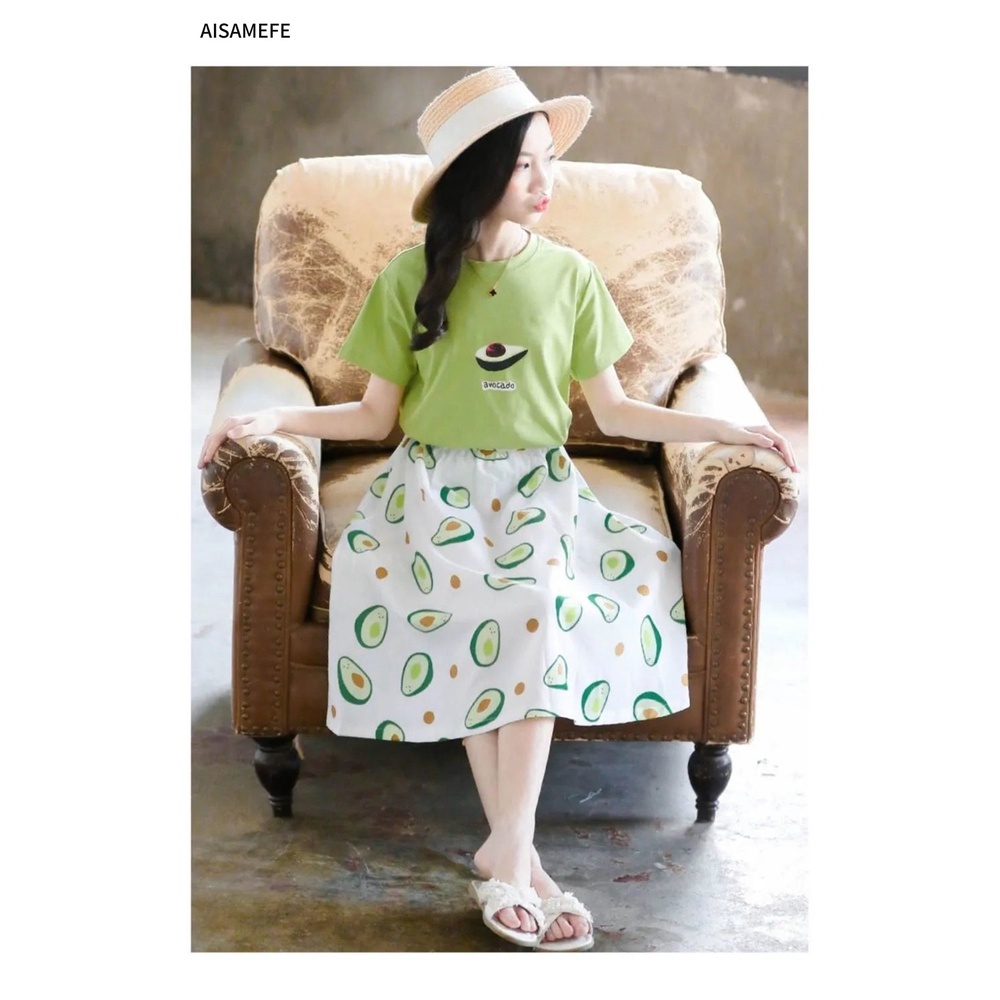 Bộ Áo Thun Cotton In Hình Quả Bơ Hoạt Hình + Chân Váy Mùa Hè Cho Bé Gái 3-12 Tuổi