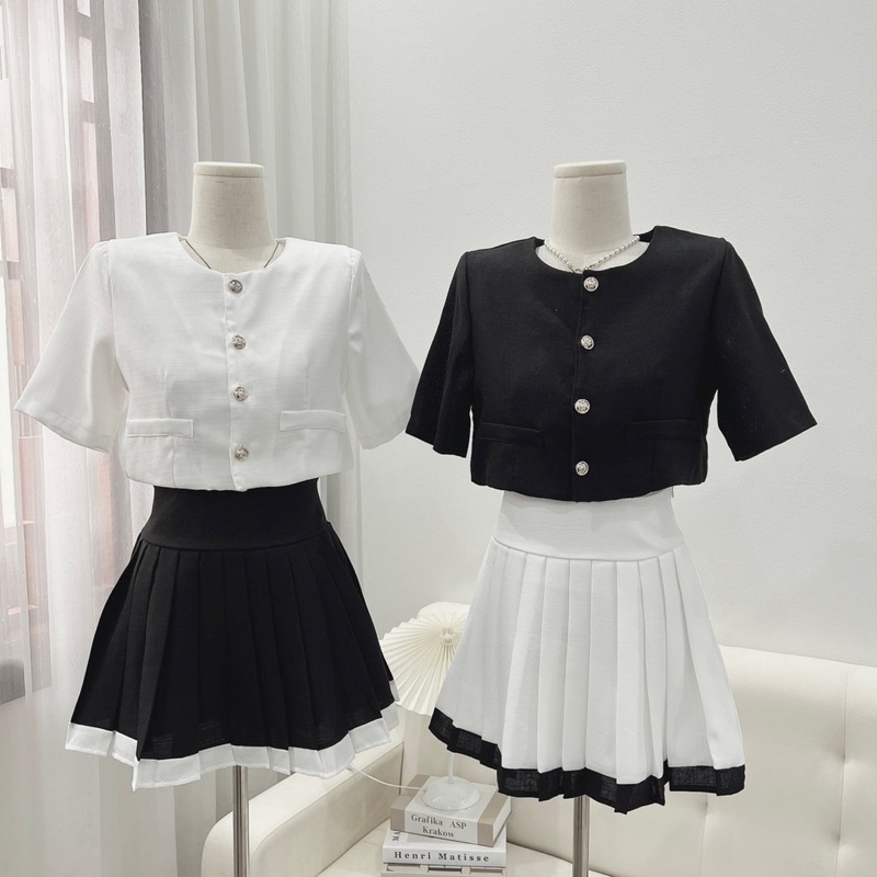 Set Bộ Linen Áo Croptop Mix Chân Váy Xếp Ly Siêu Xinh Có Ảnh Thật