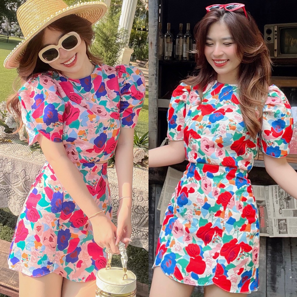 Set hoa hồng đỏ áo croptop tay phồng mix chân váy chữ A