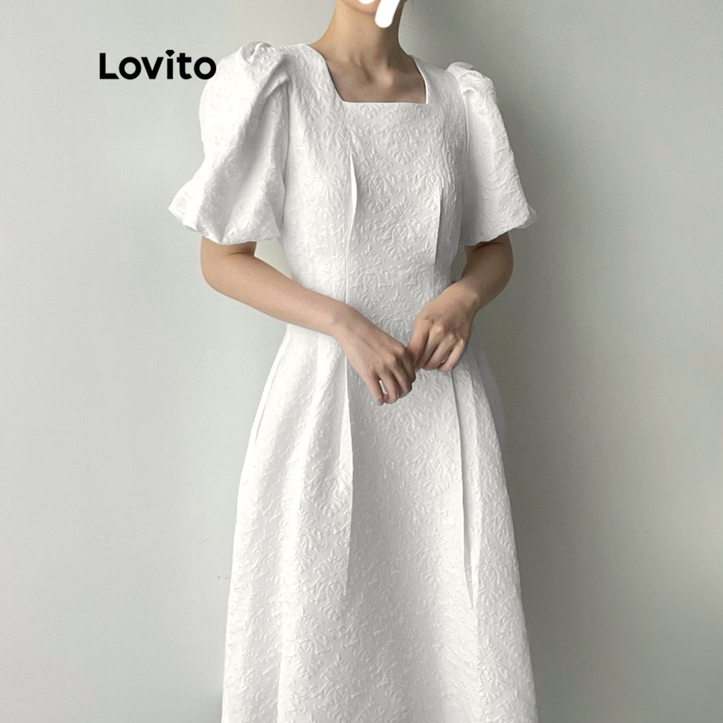 Đầm LOVITO tay phồng cổ tròn dáng chữ A họa tiết hoa thanh lịch cho nữ