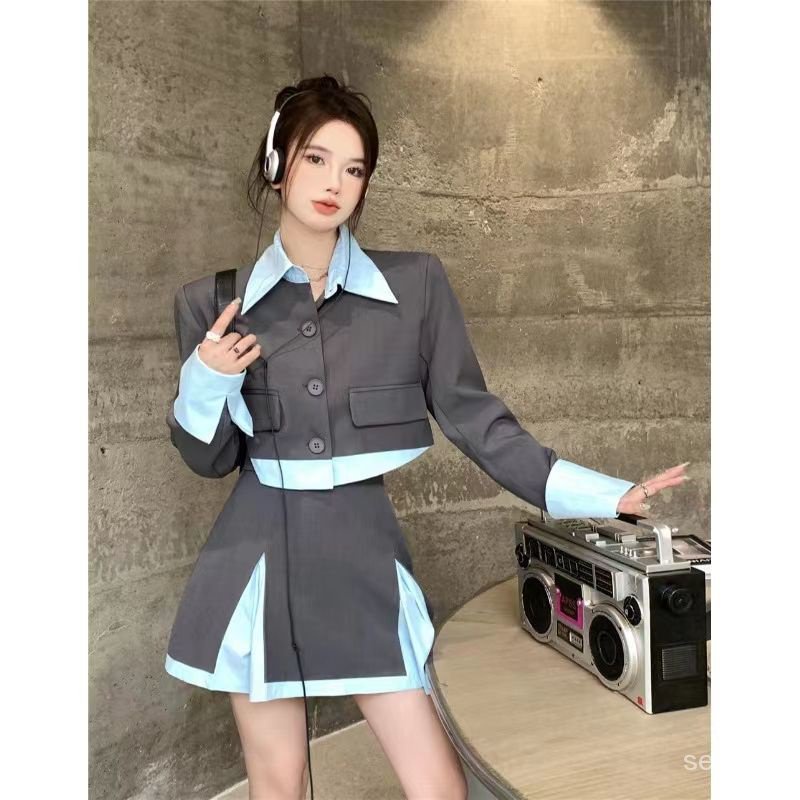 Niche Bộ Áo Khoác + Chân Váy Ngắn Phối Màu Tương Phản Phong Cách Pháp Thời Trang Xuân Thu Cao Cấp Cho Nữ