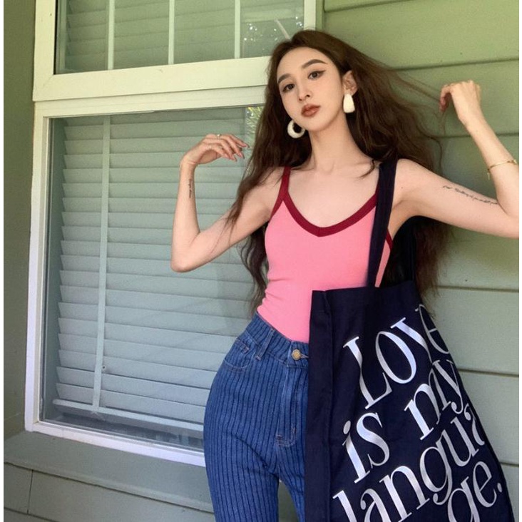 Áo Có Mút Đệm Ngực Màu Sắc Tương Phản Độc Đáo Phong Cách Pháp Thời Trang Mùa Hè Cho