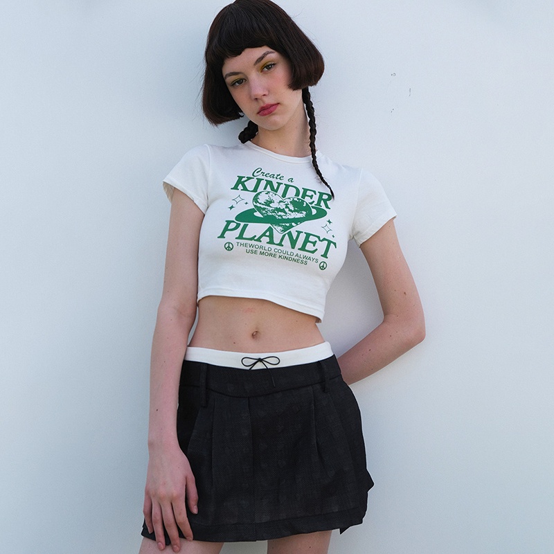 Áo Thun Croptop Tay Ngắn Cổ Tròn Dáng Ôm Vải Cotton In Họa Tiết Thời Trang Cho Nữ