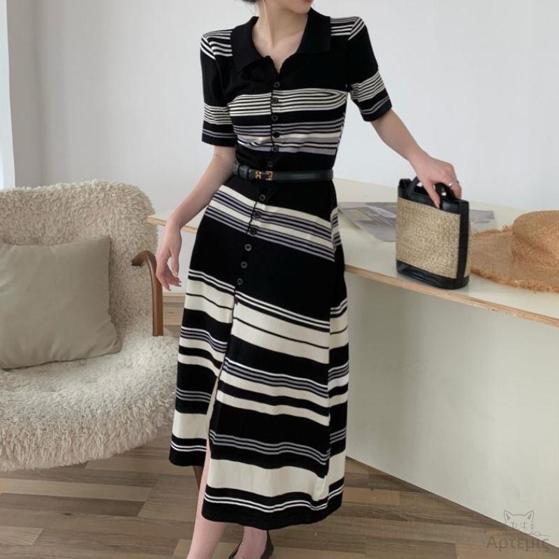 Đầm Maxi Dệt Kim Cổ Chữ V Dáng Ôm Hoạ Tiết Kẻ Sọc Phong Cách Hàn Quốc Thời Trang