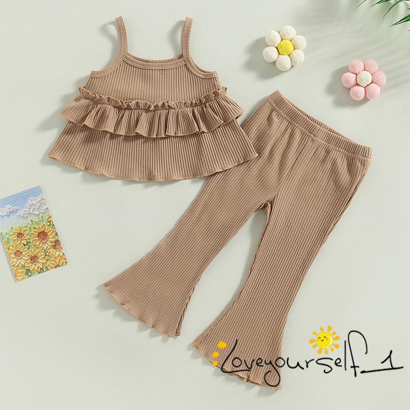 Bộ Áo Hai Dây Nhiều Lớp Phối Bèo + Quần Ống Loe Màu Trơn Thời Trang Mùa Hè Cho Bé Gái B930G
