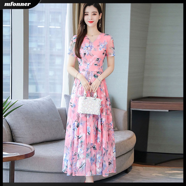 Đầm Dài Tay Ngắn Họa Tiết Hoa Thời Trang Mùa Hè Cho Nữ