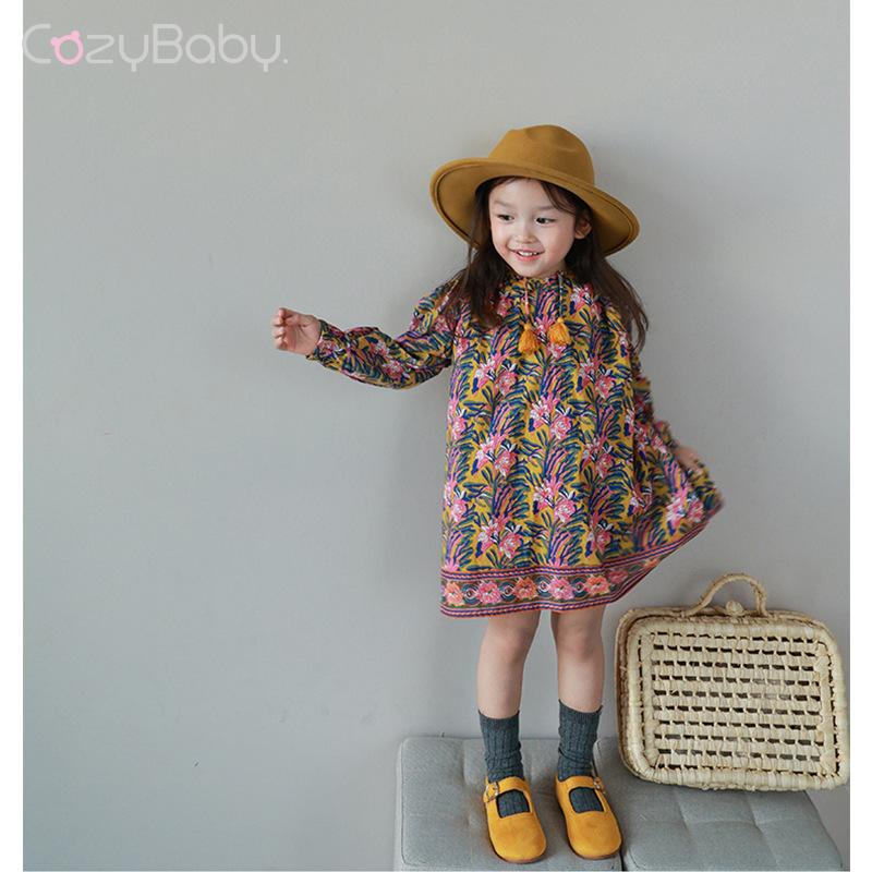 Đầm Tay Dài In Hoa Tua Rua Thời Trang Mùa Xuân 2023 Mới Cho Bé Gái