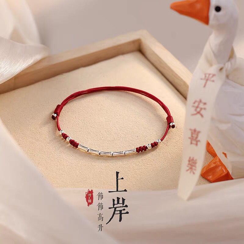 Vòng Đeo Tay Bạc S925 Dây Bện Bằng Tre Màu Đỏ Dành Cho Nữ