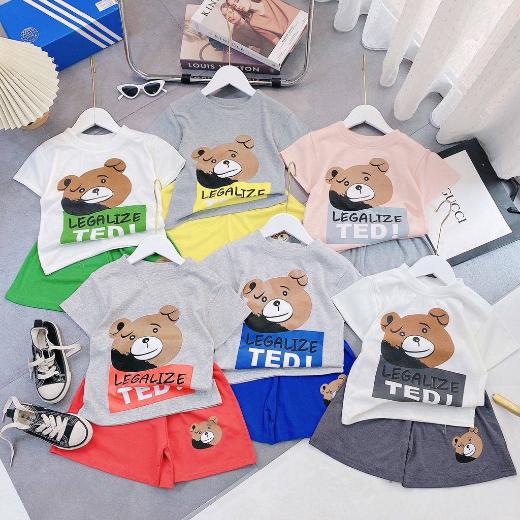 Bộ Ngắn Tay, Bộ Cộc Tay Cho Bé Trai, Bé Gái Cotton Hình Gấu Dễ Thương Mùa Hè Chất Liệu Xuất Dư Thấm