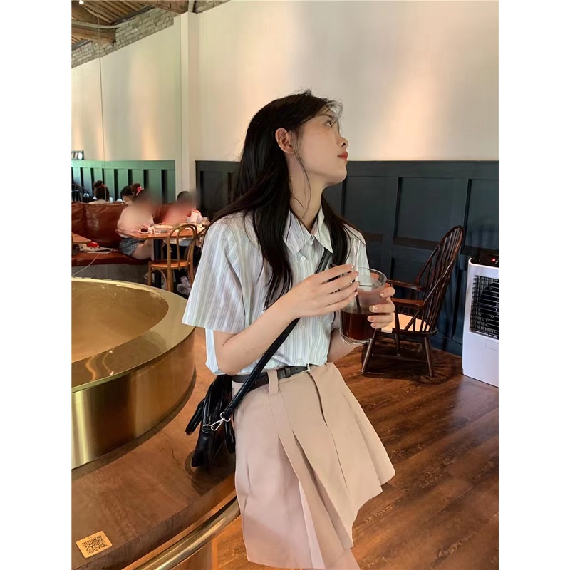 SUXI Áo Sơ Mi Tay Ngắn Dáng Rộng Họa Tiết Kẻ Sọc Thời Trang Mùa Hè Dễ Phối Đồ Cho Nữ