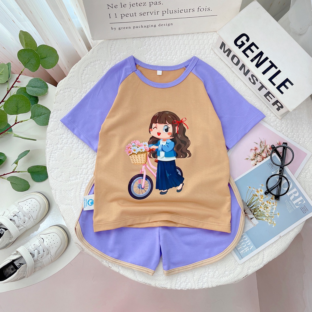 Bộ đồ bé gái-in BÉ GÁI XE ĐẠP-,chất vải thun co giãn 4 chiều từ 10kg đến 25kg-4BAO
