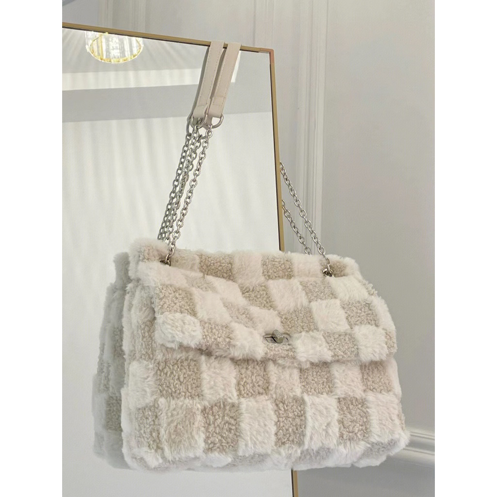 Túi Đeo Vai Họa Tiết Sọc Caro Phối Lông Thời Trang Cho Nữ