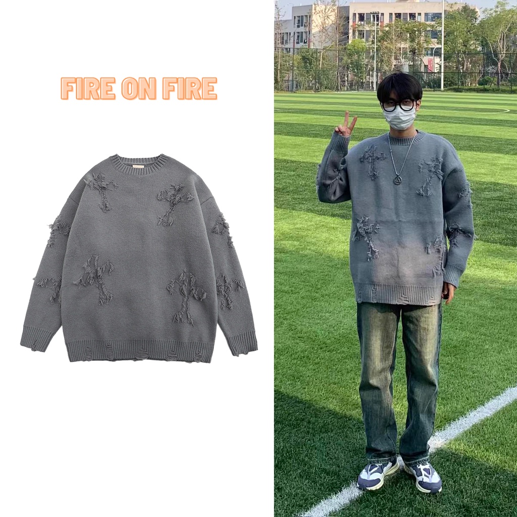 Áo len cổ tròn tua rua, hoạ tiết thánh giá phong cách UNISEX LOẠI 1 (có ảnh + video thực tế)