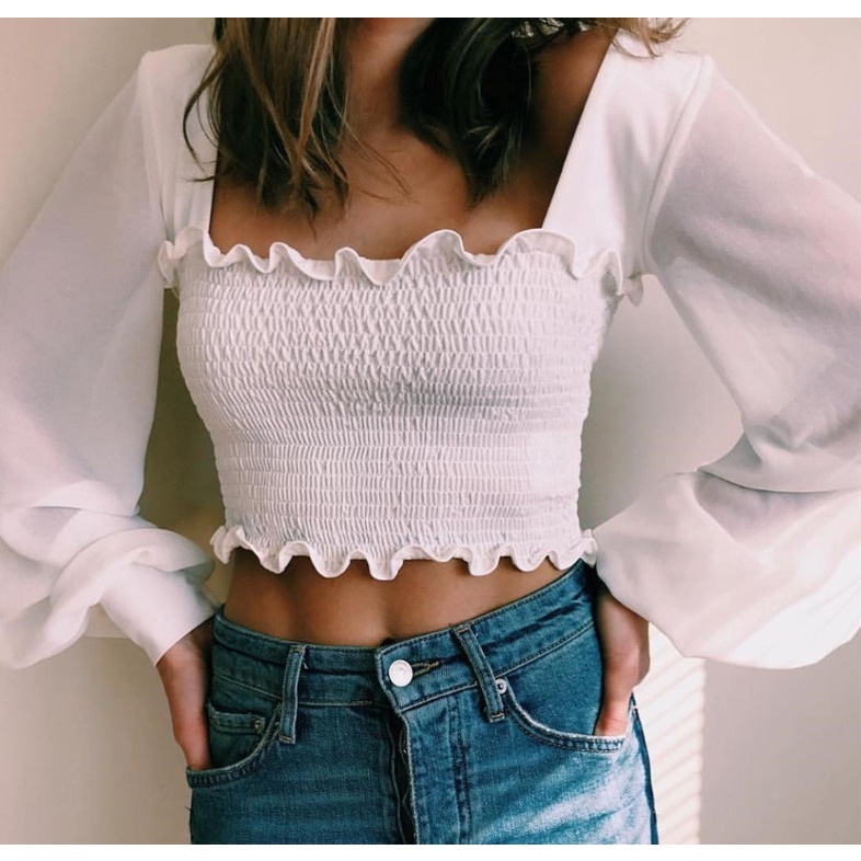 Áp croptop nhún thân tay phồng trẻ trung thanh lý 330k chỉ 99k