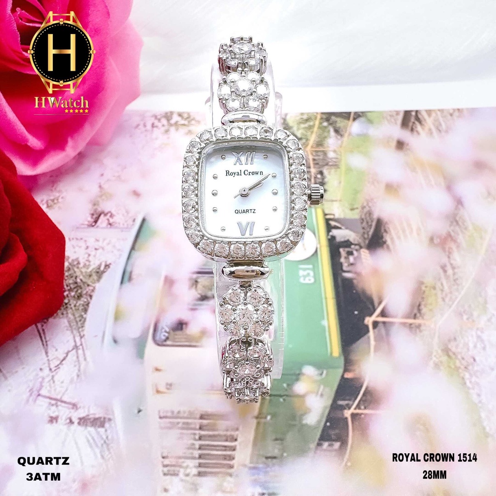 Đồng hồ Royal Crown 1514 Lắc Tay Vuông Dây Sắt Đính Đá