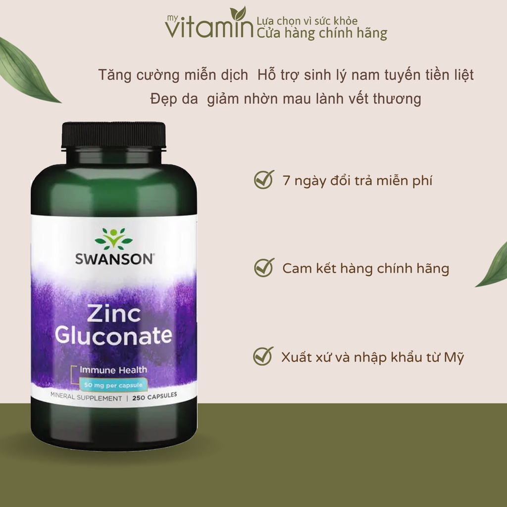 Viên uống Kẽm tăng cường miễn dịch hỗ trợ sức khỏe tình dục và đẹp da Swanson Zinc Gluconate 50 mg 250 viên
