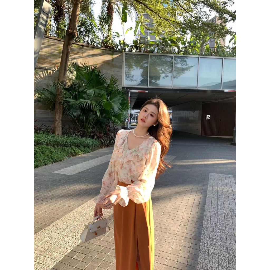 Hàng Mới Về Mới Áo Sơ Mi Nữ Tay Dài Cổ Chữ V In Hoa Thời Trang Hàn Quốc