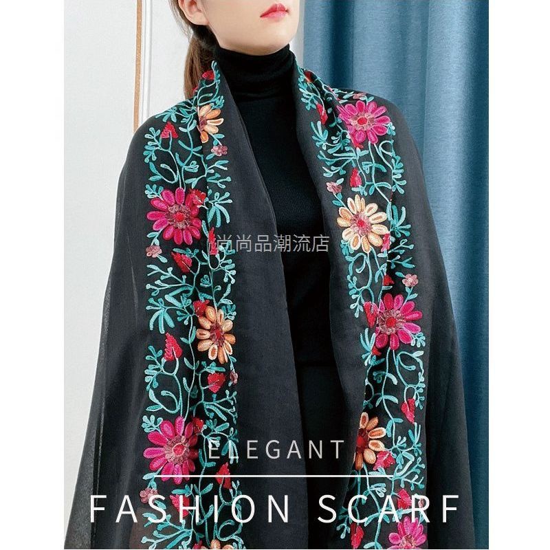 Khăn Choàng Cotton Lanh Thêu Họa Tiết Phong Cách Dân Tộc Thời Trang Thu Đông 2023