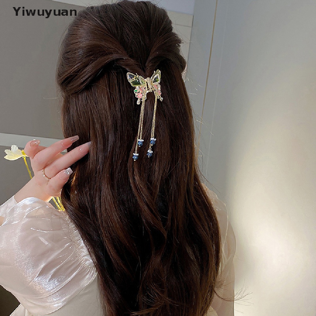 < Yiwuyuan > Kẹp Tóc Dài Tua Rua Hình Hoa Bướm Đính Ngọc Trai Thời Trang Cho Nữ