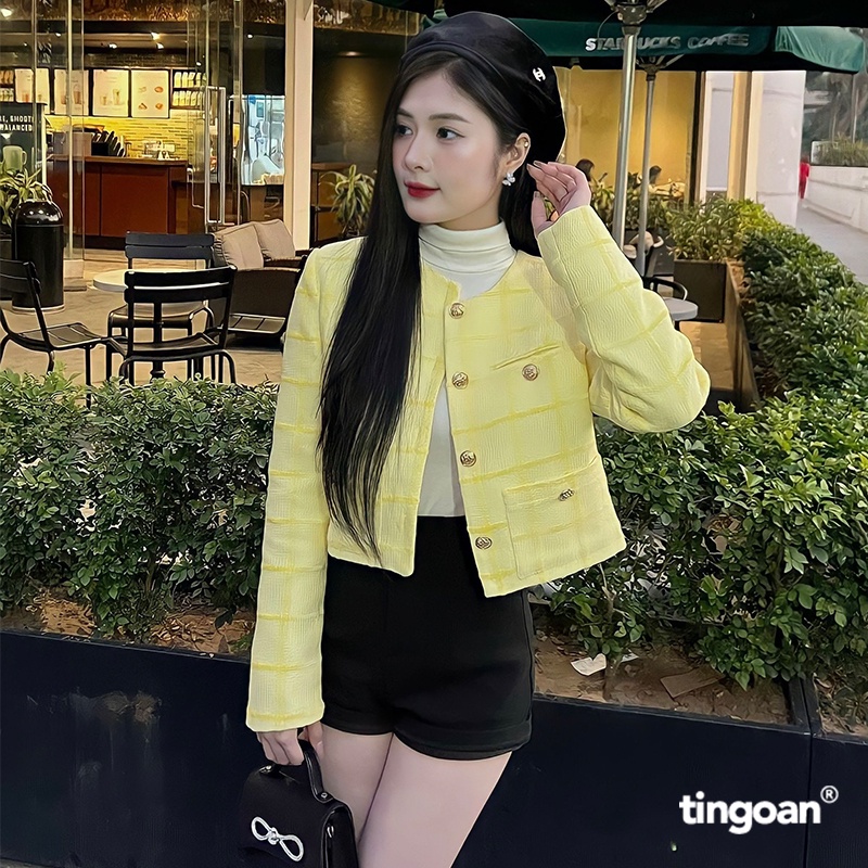 TINGOAN® - Áo khoác tweed nhung cổ tròn  đính cúc kim loại ánh vàng SUGAR CUPCAKE JACKET/YL