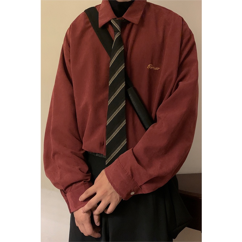 Áo Sơ Mi Burgundy Nam Dài Tay Áo Sơ Mi Rời Phong Cách Retro Mỹ Áo Khoác