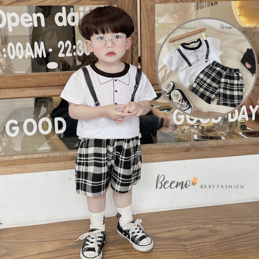 Set bộ áo thun quần đùi caro BEEMO phong cách Hàn Quốc cho bé trai đi chơi đi học BE47
