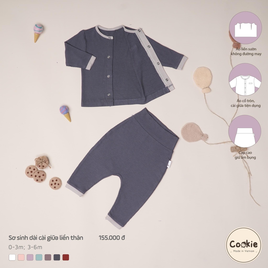Bộ quần áo dài tay Cookie sơ sinh cài vạt giữa 0-6 tháng ( form bé )