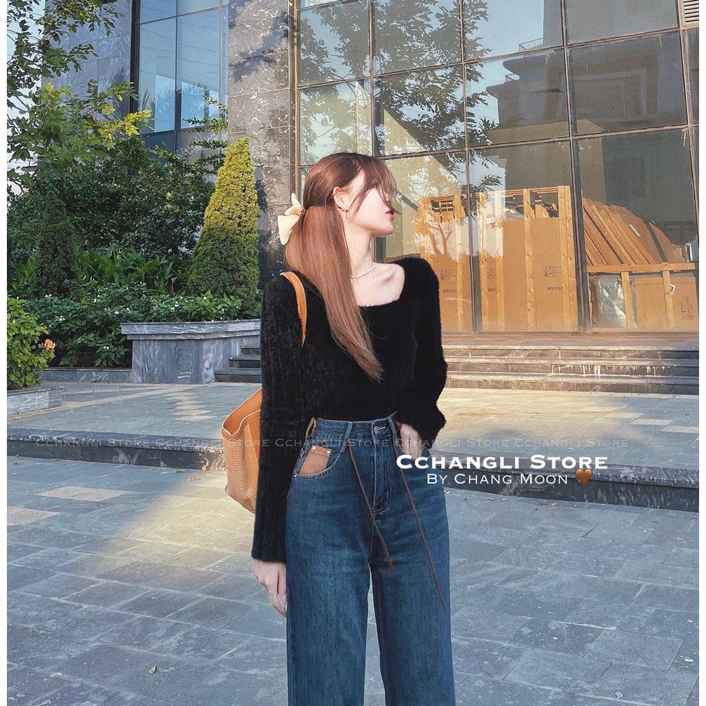 Áo len gân lông thỏ mượt nữ tay dài xòe cổ vuông dáng ôm hàng Quảng Châu đẹp dày dặn co giãn tốt mềm mịn 15356 5