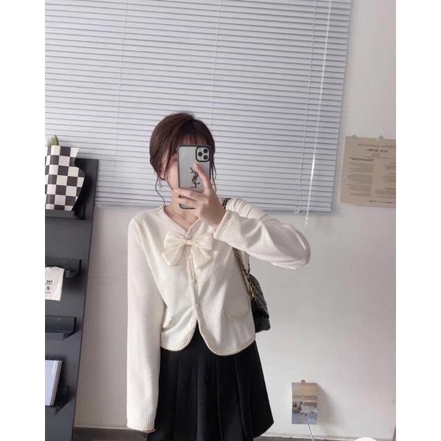 Áo kiểu nữ tay dài kèm nơ hàng Quảng Châu xốp tăm, áo khoác mùa đông nữ thời trang Hàn Quốc giả túi dài tay 89701 5