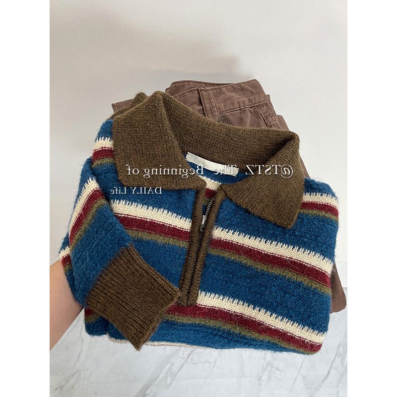 Áo Len Chui Đầu Ngắn Mỏng Có Dây Kéo Cổ Polo Màu Sắc Tương Phản Phong Cách Mới Cho Nữ